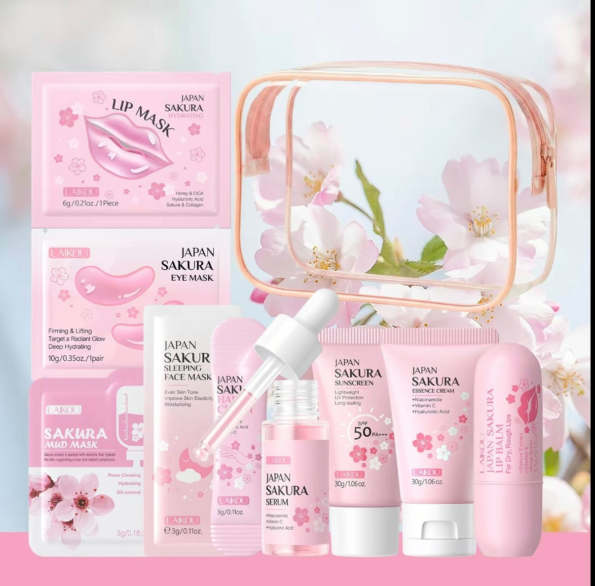 LAIKOU Japan Sakura 9-in-1 Portable Travel Skin Care Set, Daily Sun Protection, Hydrating & Moisturizing Kit, Moisturizer
