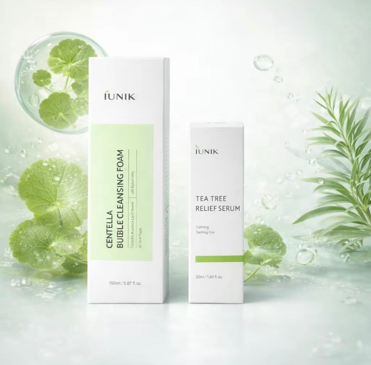 iUNIK Centella Cleansing Foam + Tea Tree Relief Serum Set | Korean Care Routine | Soothing & Redness Repair Skincare Cleanser Gentle Facial Sensitive